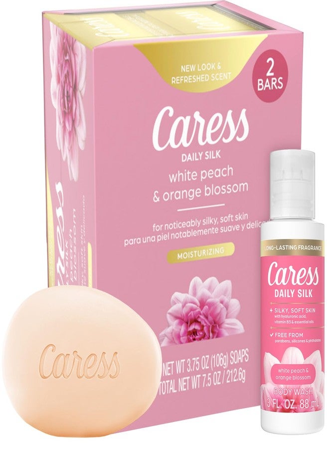 Caress Bar Soap 2-Pack + Travel-Size Body Wash, Daily Silk Bundle – Bath & Shower Essentials for Silky Soft Skin, White Peach & Orange Blossom - Image 1